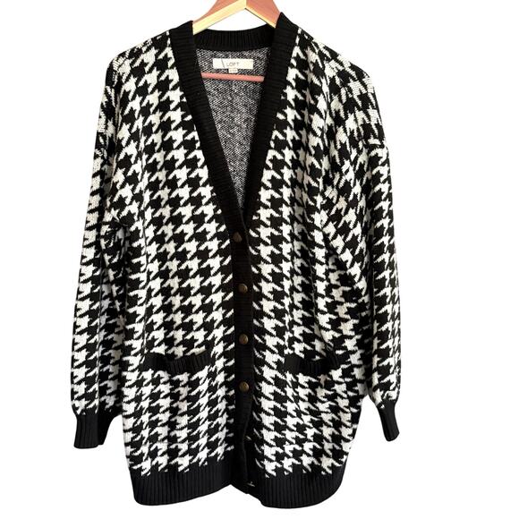 LOFT Houndsooth Cardigan Sweater M Black White Gold Button V Neck Academia - Picture 1 of 6
